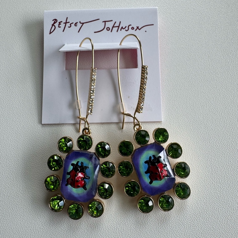 Betsey Johnson Backyard Ladybug Stone Novelty Dangle Drop Earrings - Picture 3 of 3